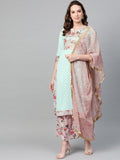 Ahalyaa Women Sea Green & Pink Printed Straight Kurta with Palazzos & Dupatta