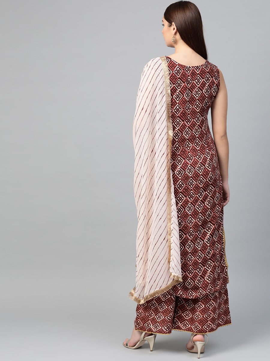 Ahalyaa Women Maroon & Off-White Printed Kurta with Palazzos & Dupatta - Distacart