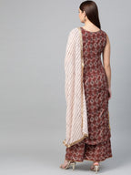 Ahalyaa Women Maroon & Off-White Printed Kurta with Palazzos & Dupatta - Distacart