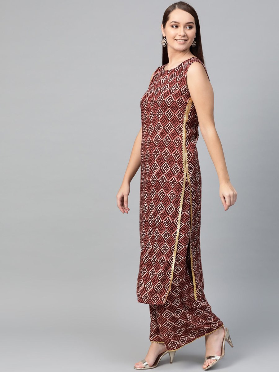 Ahalyaa Women Maroon & Off-White Printed Kurta with Palazzos & Dupatta - Distacart