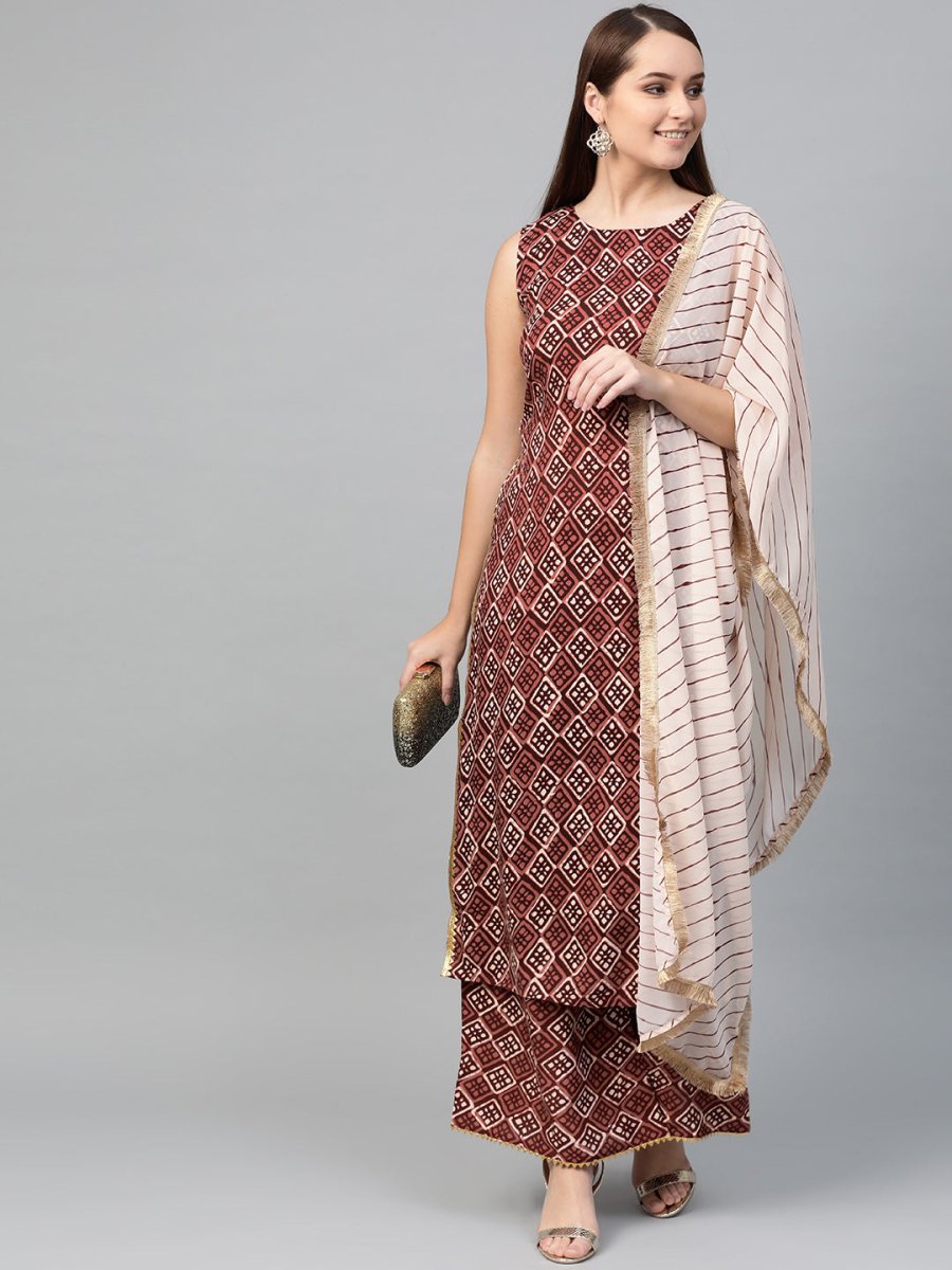 Ahalyaa Women Maroon & Off-White Printed Kurta with Palazzos & Dupatta - Distacart