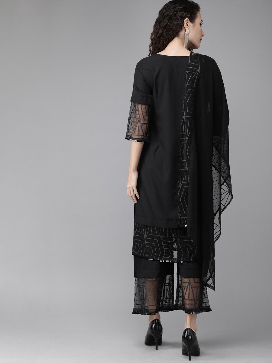 Ahalyaa Women Black Embellished Kurta with Palazzos & Dupatta