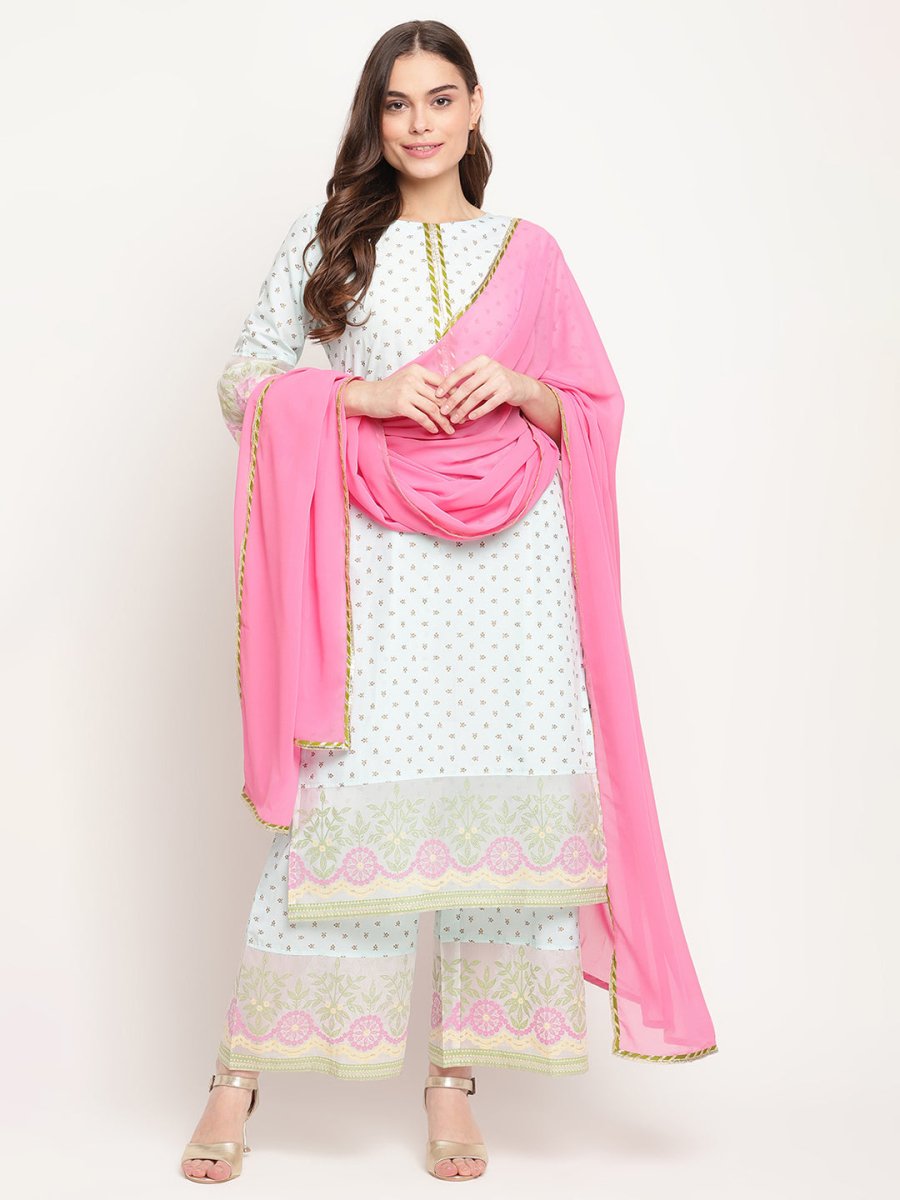 Ahalyaa Women Blue Ethnic Motifs Printed Regular Gotta Patti Kurta With Palazzos & Dupatta