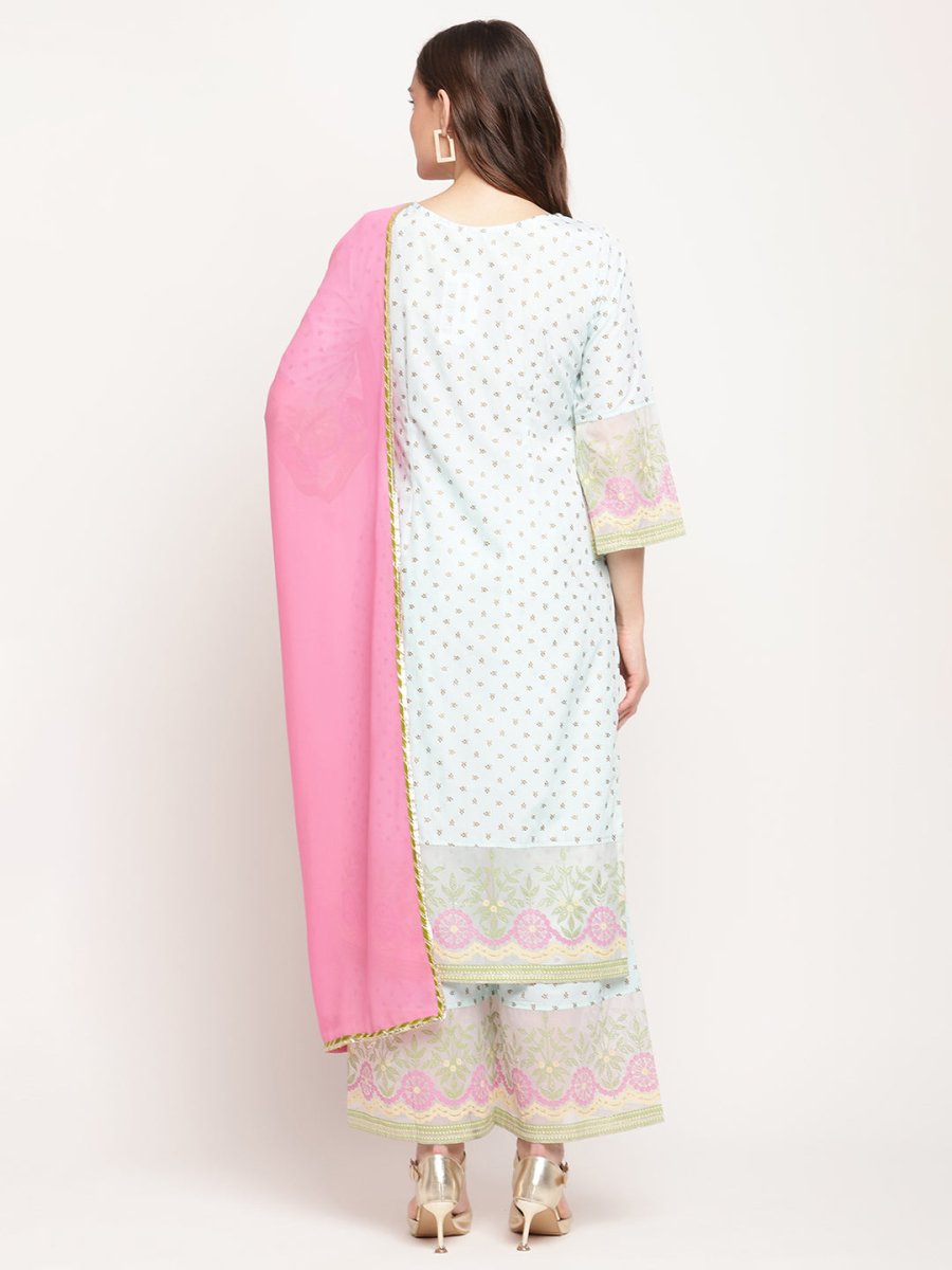 Ahalyaa Women Blue Ethnic Motifs Printed Regular Gotta Patti Kurta With Palazzos & Dupatta