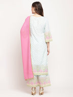 Ahalyaa Women Blue Ethnic Motifs Printed Regular Gotta Patti Kurta With Palazzos & Dupatta