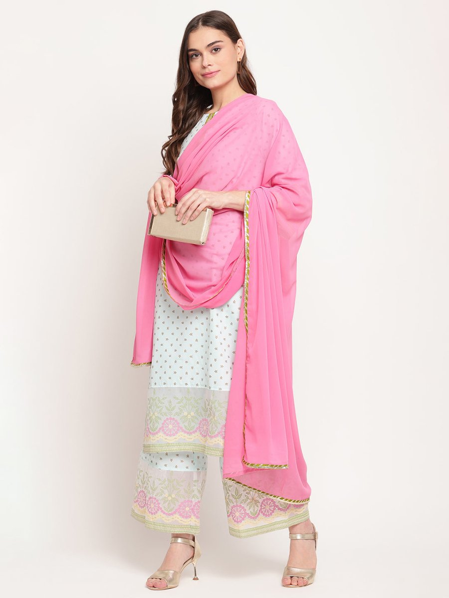 Ahalyaa Women Blue Ethnic Motifs Printed Regular Gotta Patti Kurta With Palazzos & Dupatta