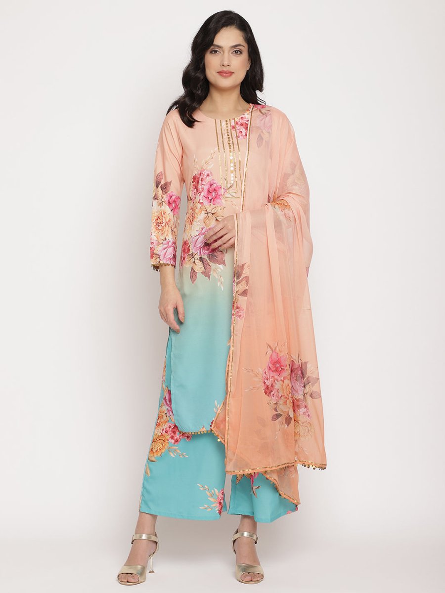 Ahalyaa Women Peach-Coloured Floral Printed Regular Sequinned Kurta With Palazzos & Dupatta