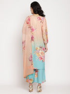 Ahalyaa Women Peach-Coloured Floral Printed Regular Sequinned Kurta With Palazzos & Dupatta