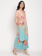 Ahalyaa Women Peach-Coloured Floral Printed Regular Sequinned Kurta With Palazzos & Dupatta