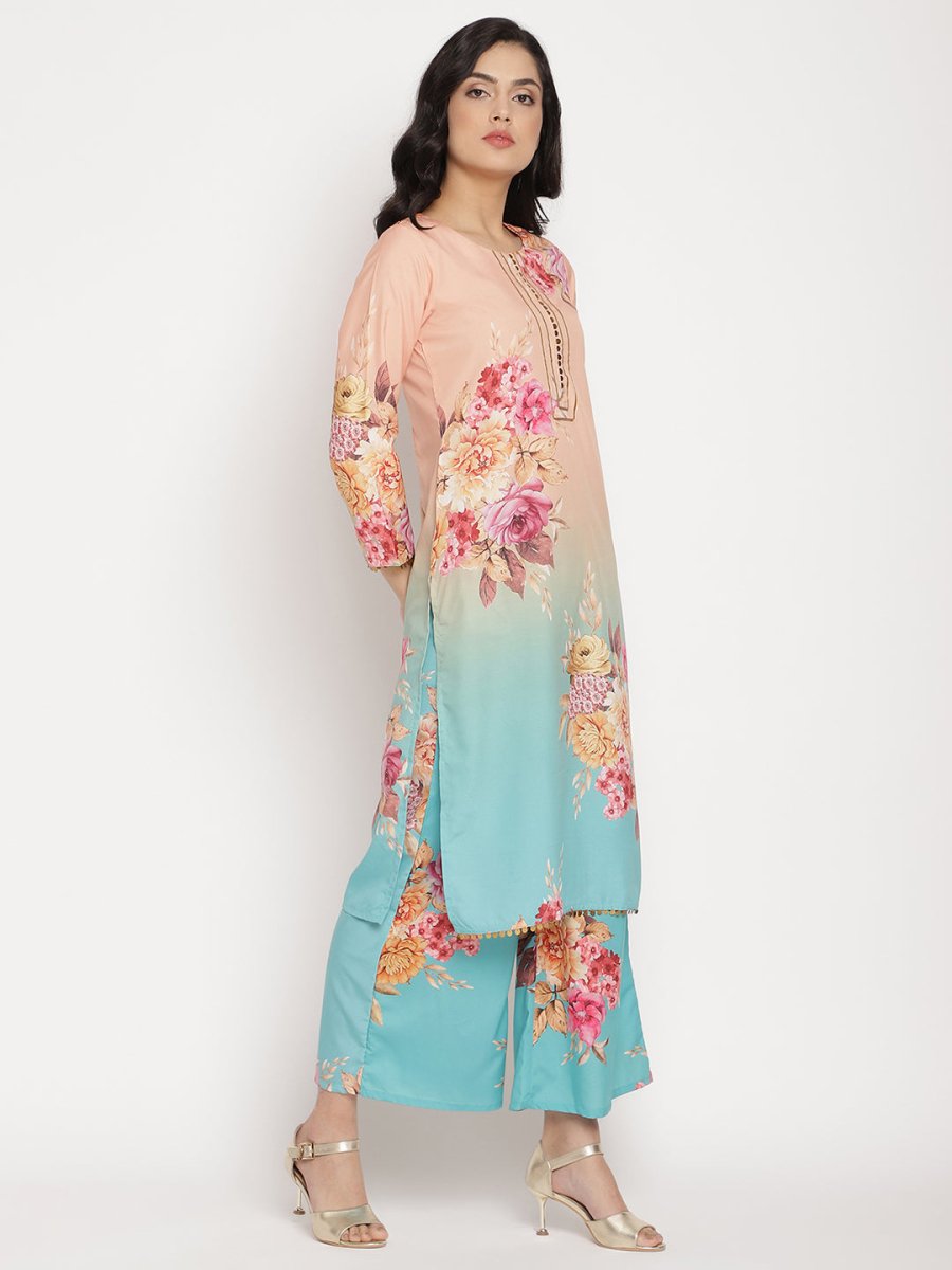 Ahalyaa Women Peach-Coloured Floral Printed Regular Sequinned Kurta With Palazzos & Dupatta