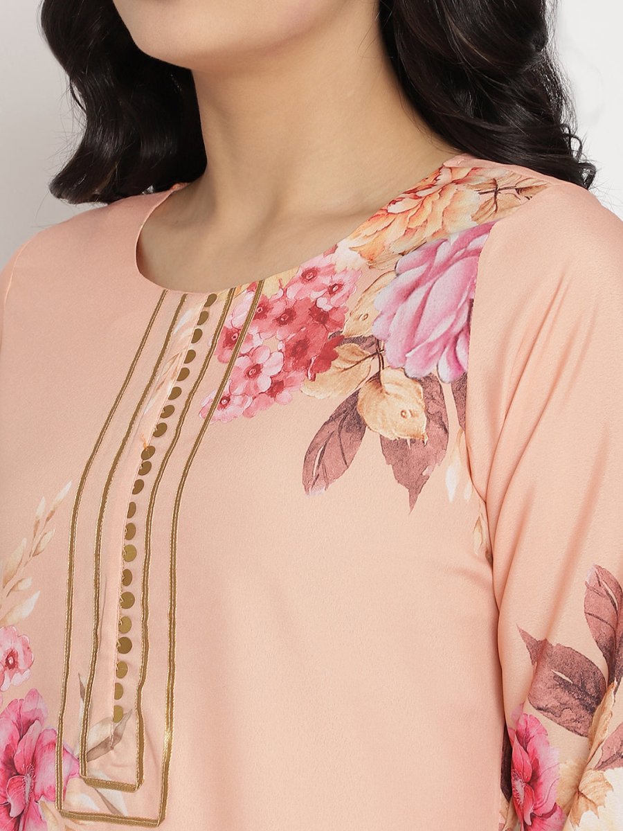 Ahalyaa Women Peach-Coloured Floral Printed Regular Sequinned Kurta With Palazzos & Dupatta