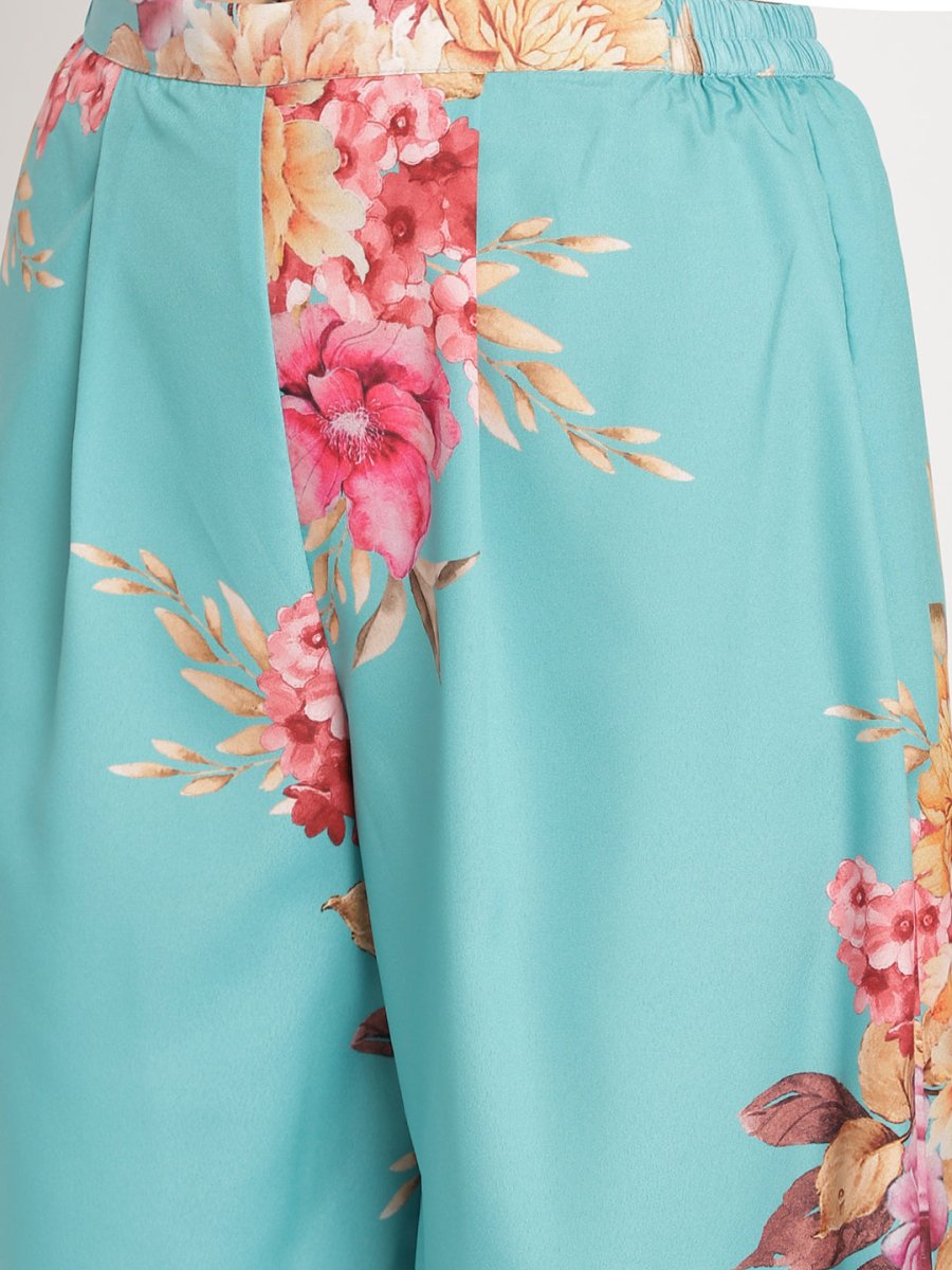 Ahalyaa Women Peach-Coloured Floral Printed Regular Sequinned Kurta With Palazzos & Dupatta