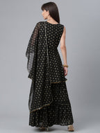 Ahalyaa Women Black Ethnic Motifs Printed Empire Kurta With Sharara & Dupatta