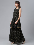 Ahalyaa Women Black Ethnic Motifs Printed Empire Kurta With Sharara & Dupatta