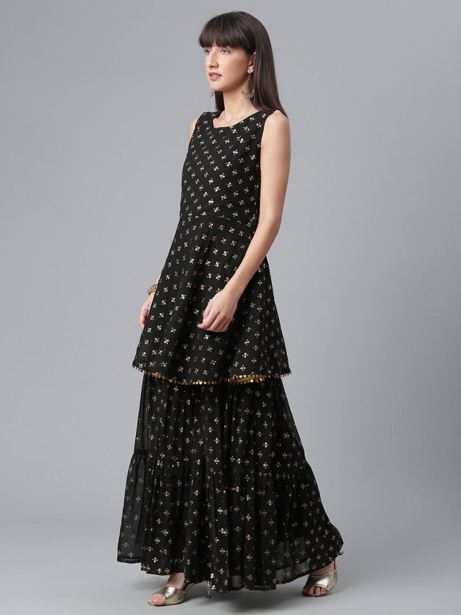 Ahalyaa Women Black Ethnic Motifs Printed Empire Kurta With Sharara & Dupatta