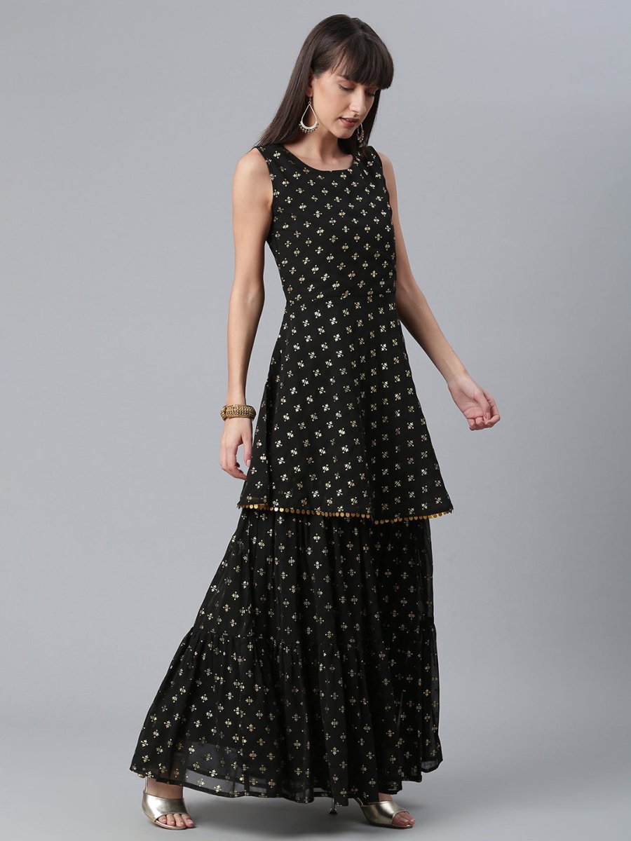 Ahalyaa Women Black Ethnic Motifs Printed Empire Kurta With Sharara & Dupatta