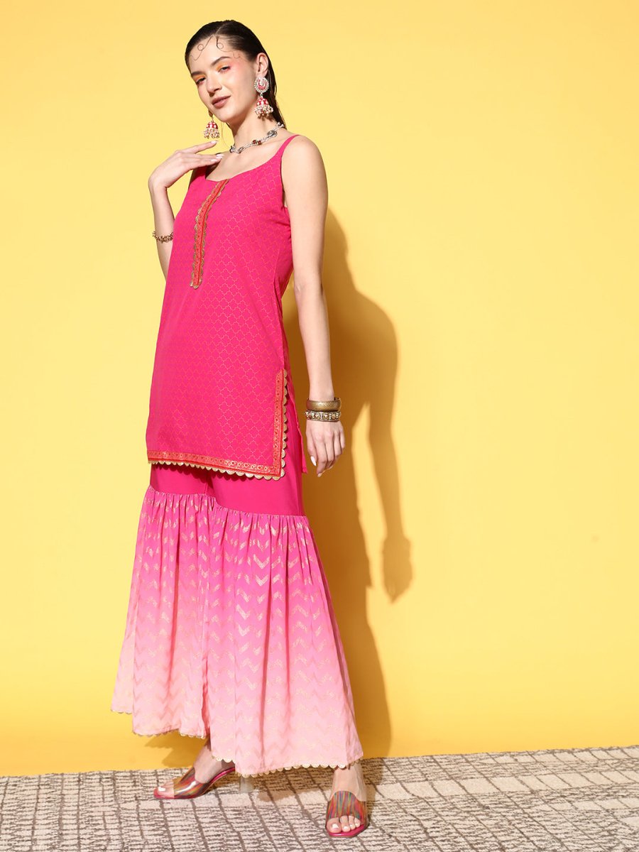 Ahalyaa Women Pink Ombre Printed Gotta Patti Kurti with Sharara & With Dupatta