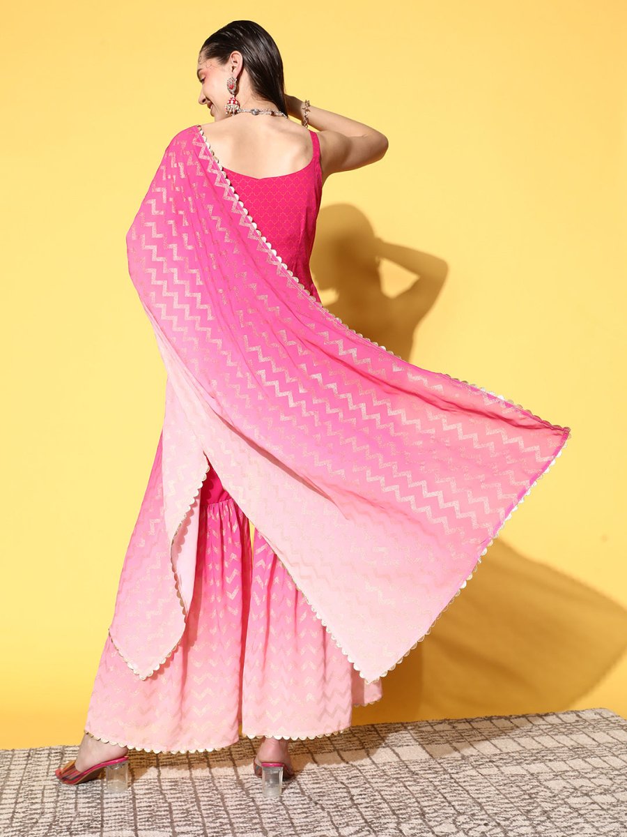 Ahalyaa Women Pink Ombre Printed Gotta Patti Kurti with Sharara & With Dupatta