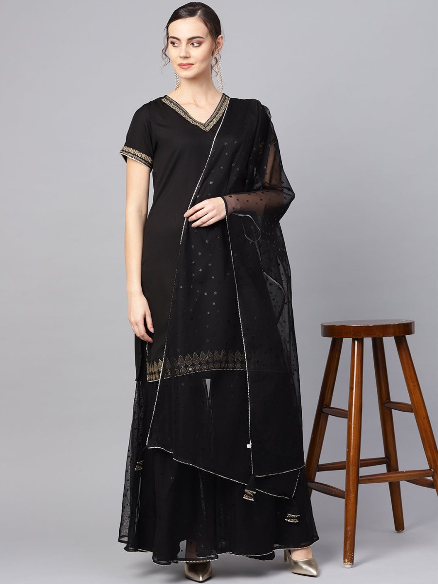 Ahalyaa Solid Black Kurta with Sharara Set