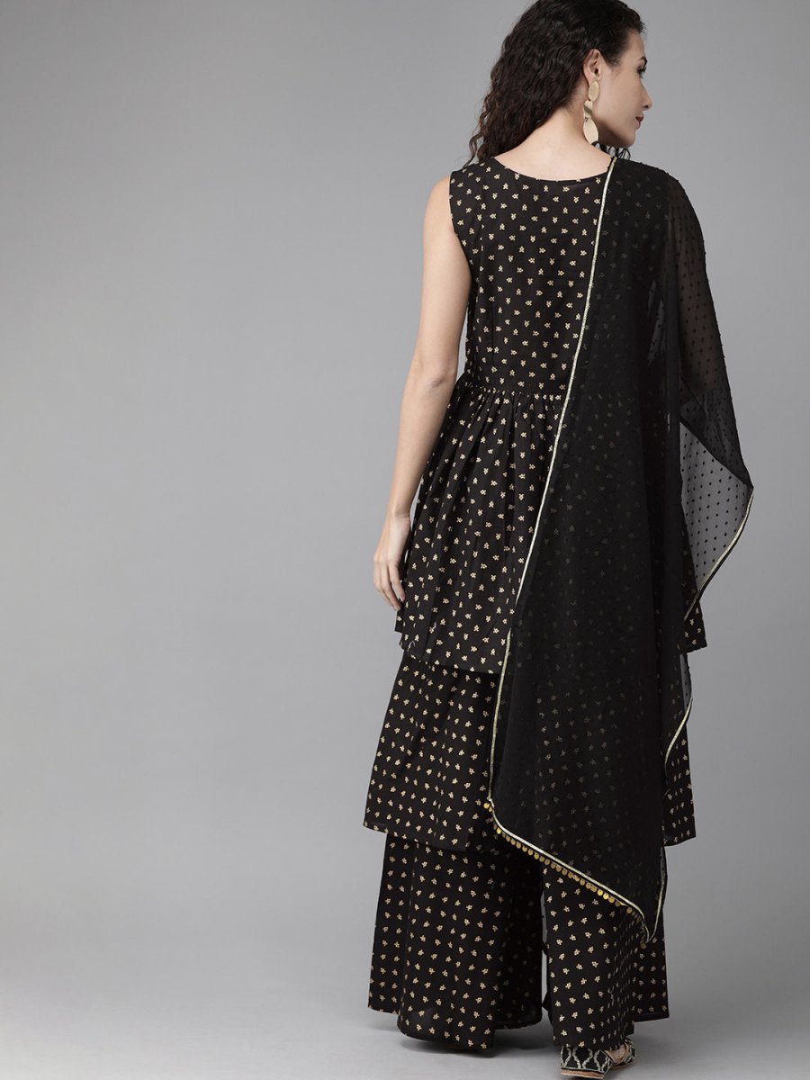 Ahalyaa Women Black & Golden Printed Tiered Kurta With Sharara & Dupatta