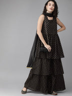 Ahalyaa Women Black & Golden Printed Tiered Kurta With Sharara & Dupatta