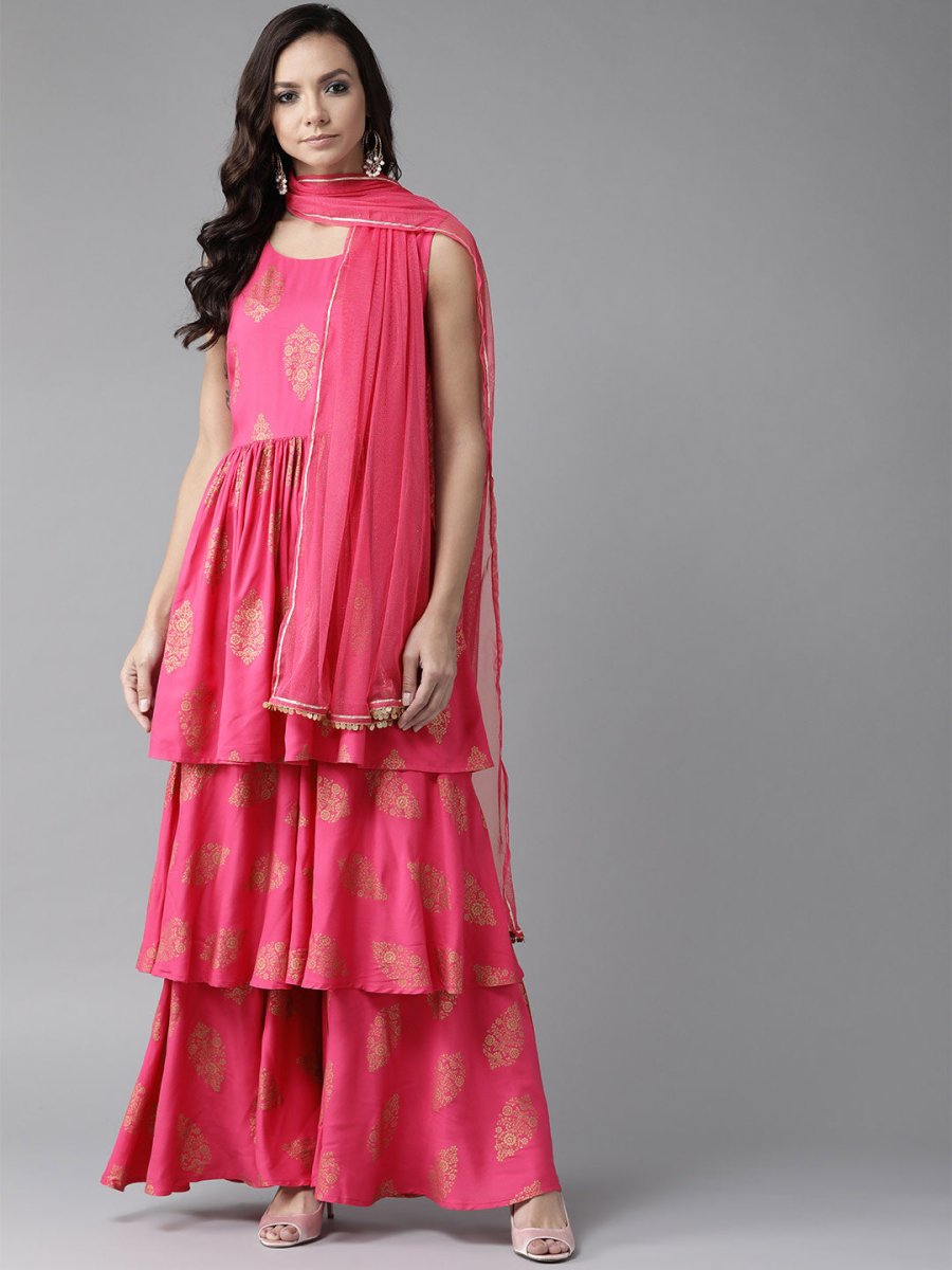 Ahalyaa Women Pink & Golden Foil Print Kurti with Sharara & Dupatta