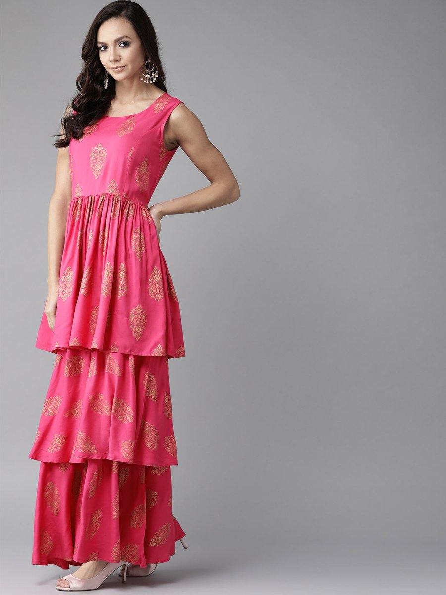 Ahalyaa Women Pink & Golden Foil Print Kurti with Sharara & Dupatta
