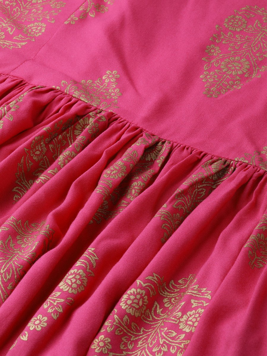 Ahalyaa Women Pink & Golden Foil Print Kurti with Sharara & Dupatta