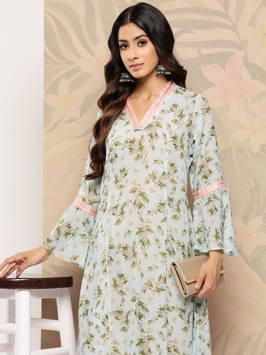 Ahalyaa Floral Printed Bell Sleeves Gotta Patti Georgette Kurta