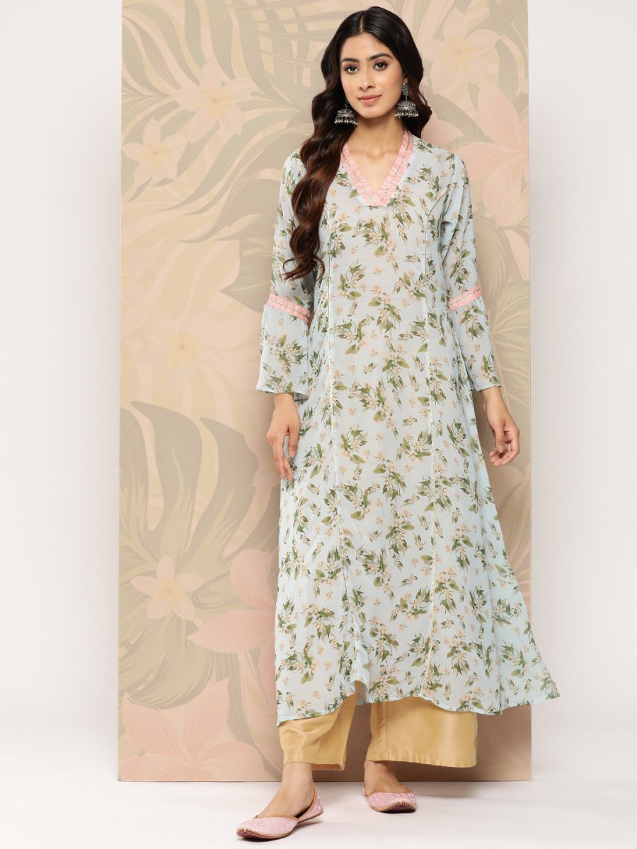 Ahalyaa Floral Printed Bell Sleeves Gotta Patti Georgette Kurta