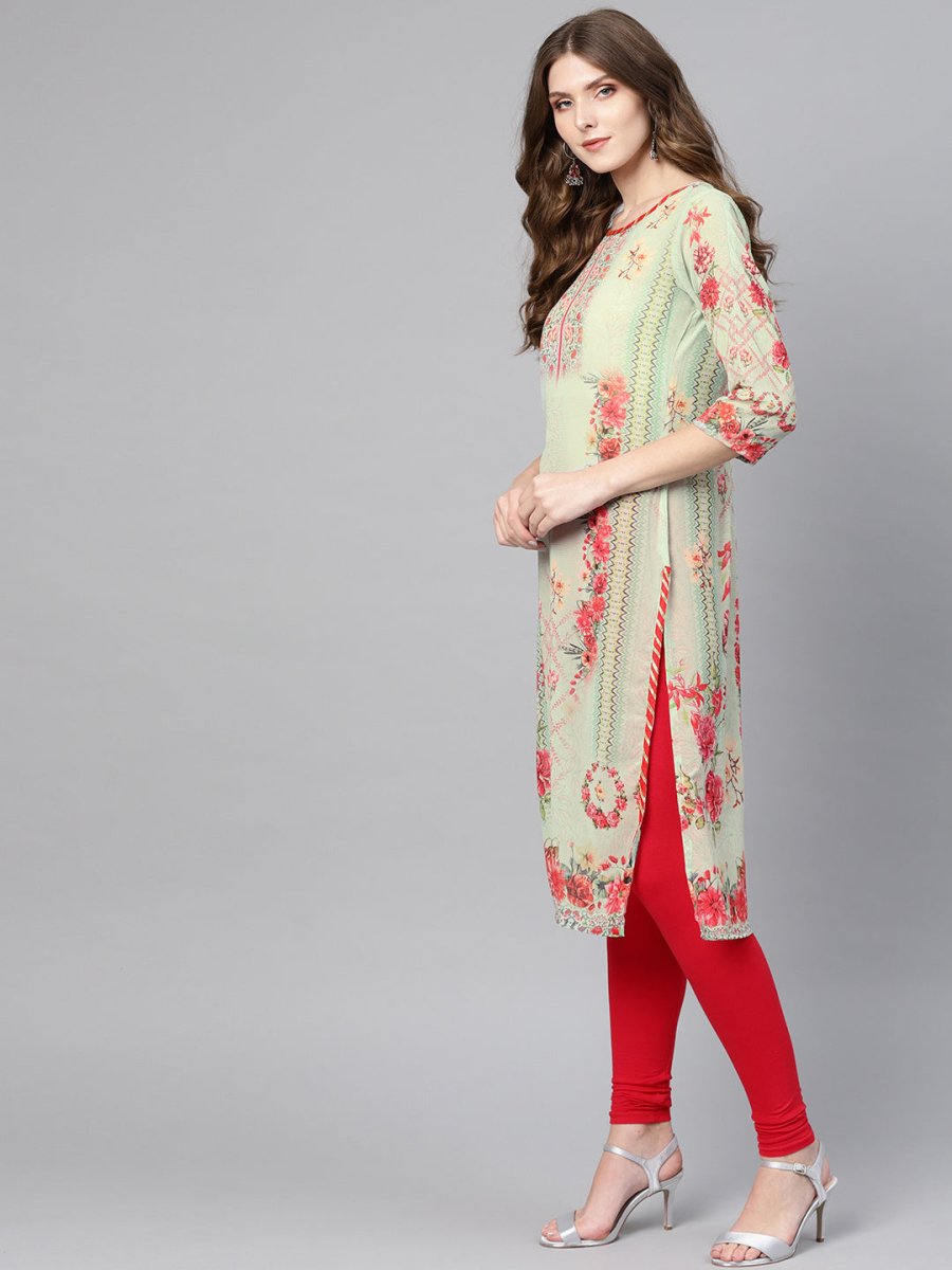 Ahalyaa Women Green & Coral Pink Floral Print Straight Kurta