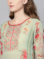 Ahalyaa Women Green & Coral Pink Floral Print Straight Kurta