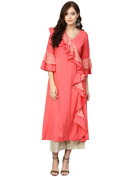 Ahalyaa Women Coral Pink Solid Ruffle Detail Angrakha Beautiful Kurta