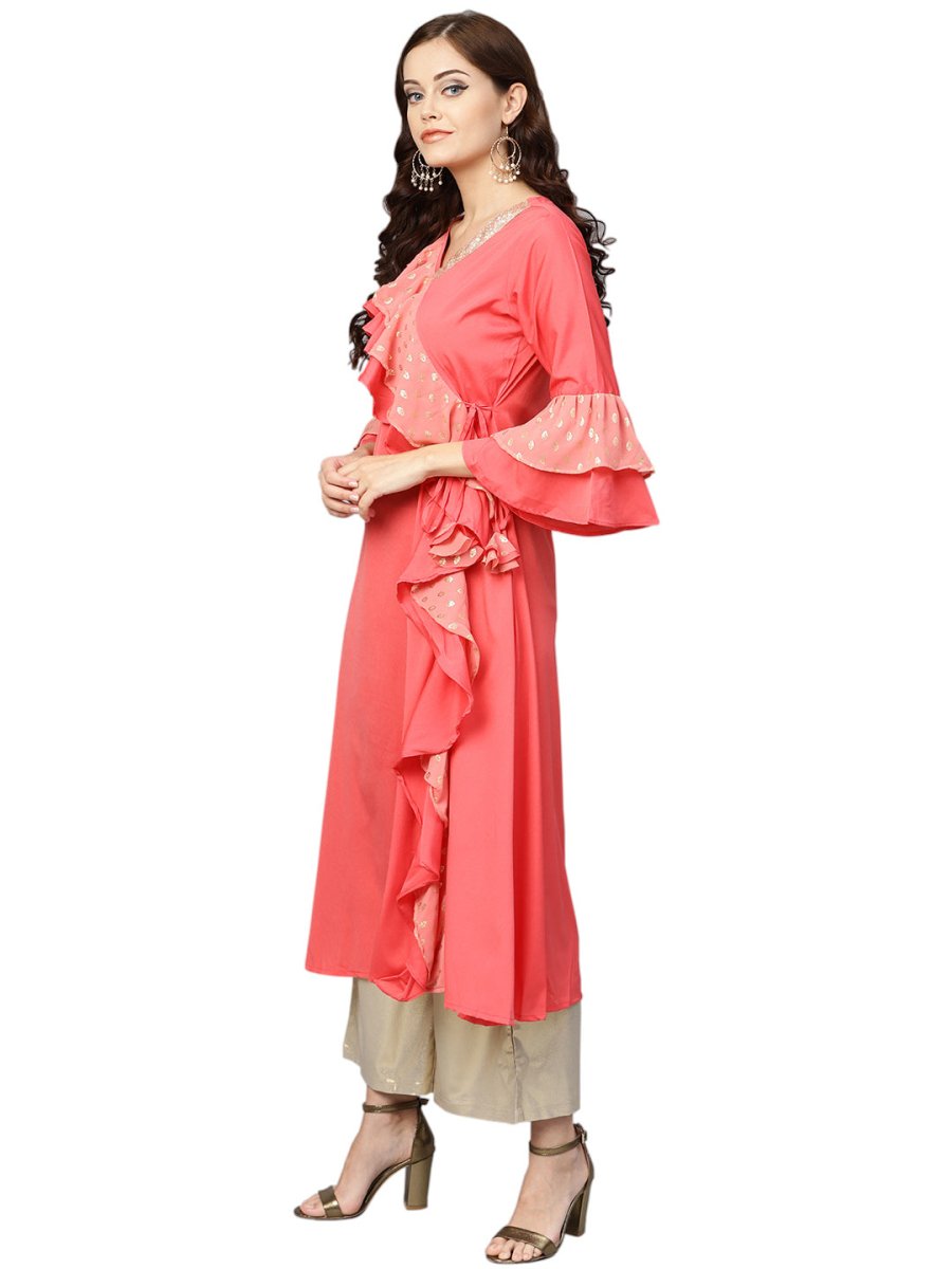 Ahalyaa Women Coral Pink Solid Ruffle Detail Angrakha Kurta