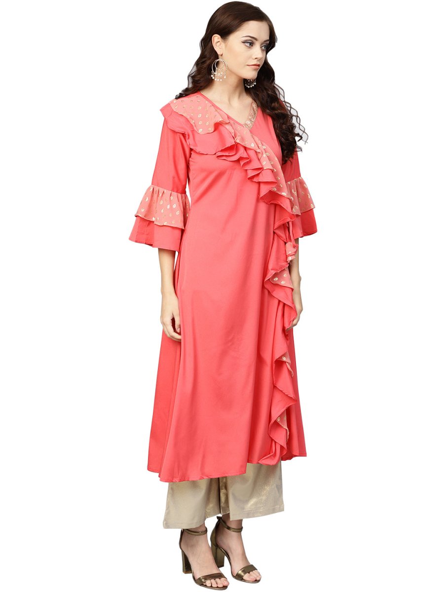 Ahalyaa Women Coral Pink Solid Ruffle Detail Angrakha Kurta