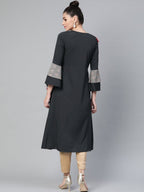 Ahalyaa Women Charcoal Grey Solid Ruffled Angrakha A-Line Kurta