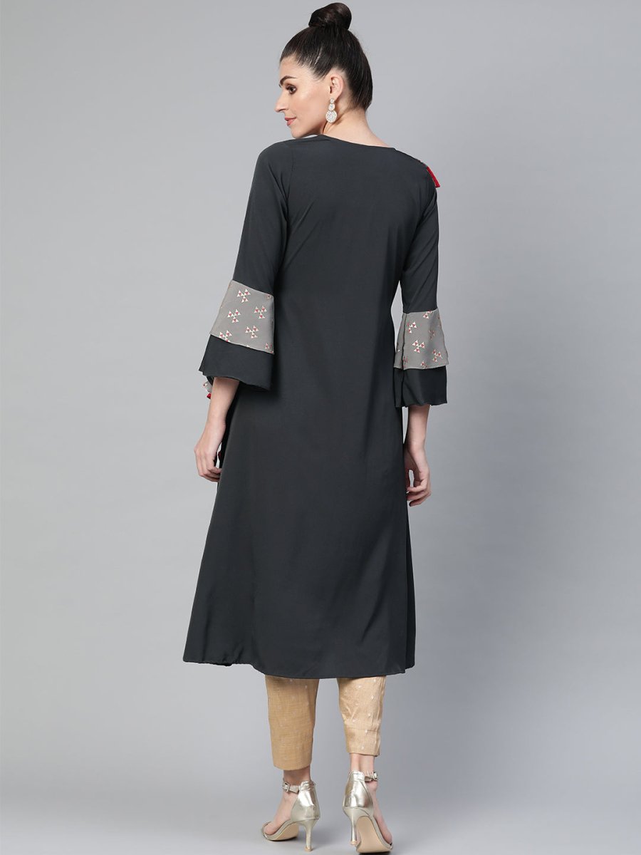 Ahalyaa Women Charcoal Grey Solid Ruffled Angrakha A-Line Kurta