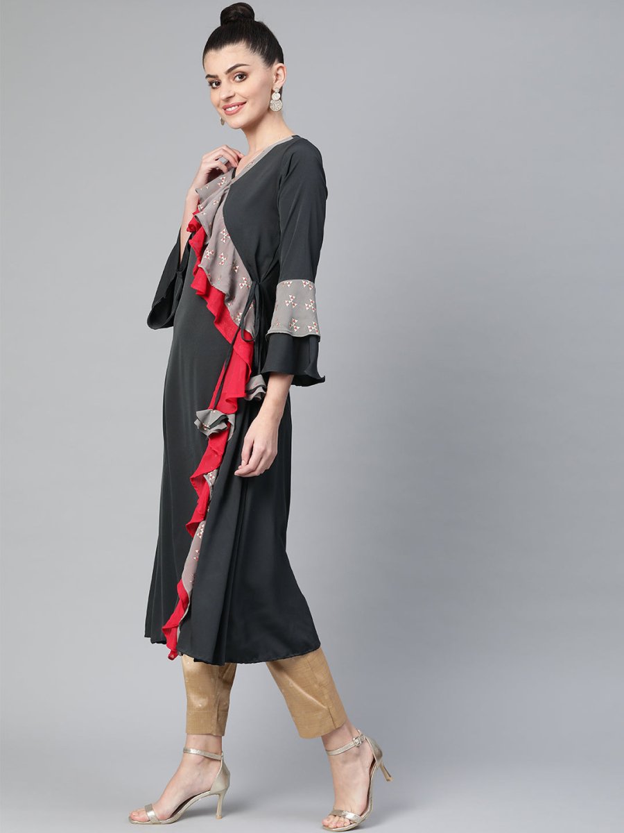 Ahalyaa Women Charcoal Grey Solid Ruffled Angrakha A-Line Kurta