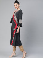 Ahalyaa Women Charcoal Grey Solid Ruffled Angrakha A-Line Kurta