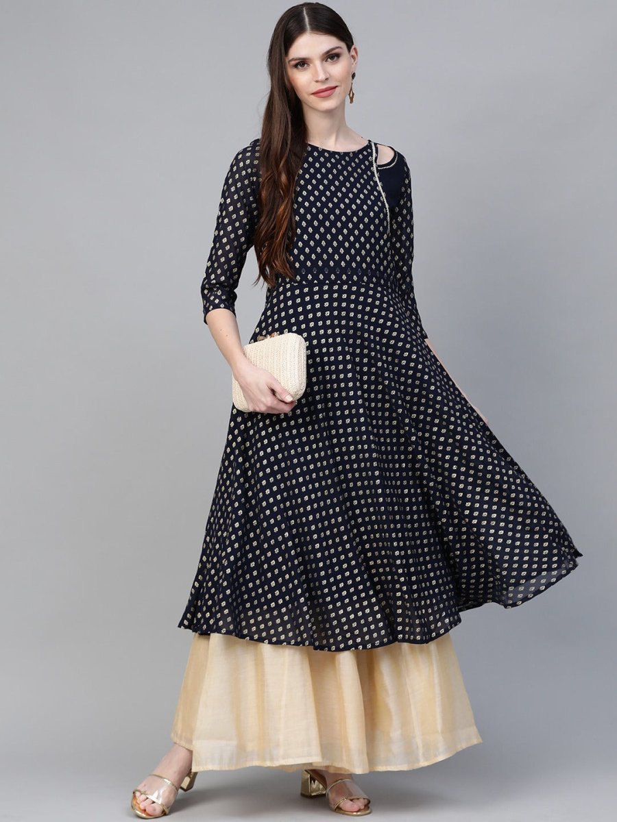 Ahalyaa Women Navy-Blue Printed Straight Kurta