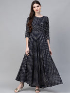 Ahalyaa Women Navy Blue & Golden Foil Printed Maxi Dress With Attached Dupatta
