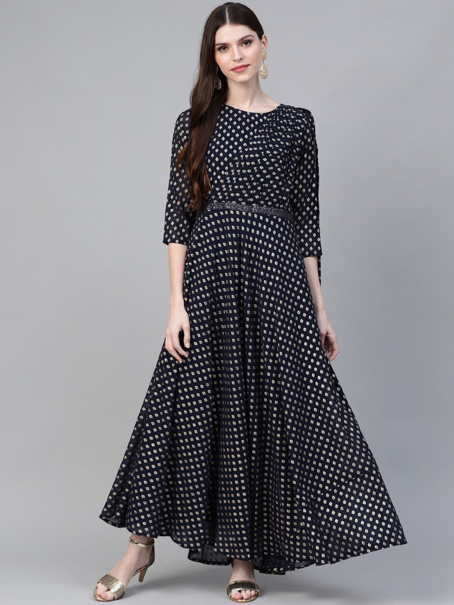 Ahalyaa Women Navy Blue & Golden Foil Printed Maxi Dress With Attached Dupatta