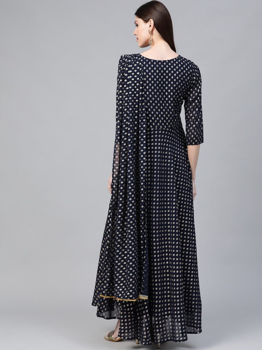 Ahalyaa Women Navy Blue & Golden Foil Printed Maxi Dress With Attached Dupatta