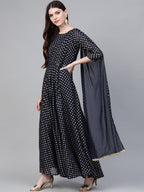 Ahalyaa Women Navy Blue & Golden Foil Printed Maxi Dress With Attached Dupatta