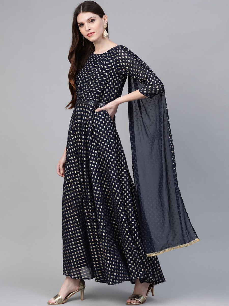 Ahalyaa Women Navy Blue & Golden Foil Printed Maxi Dress With Attached Dupatta