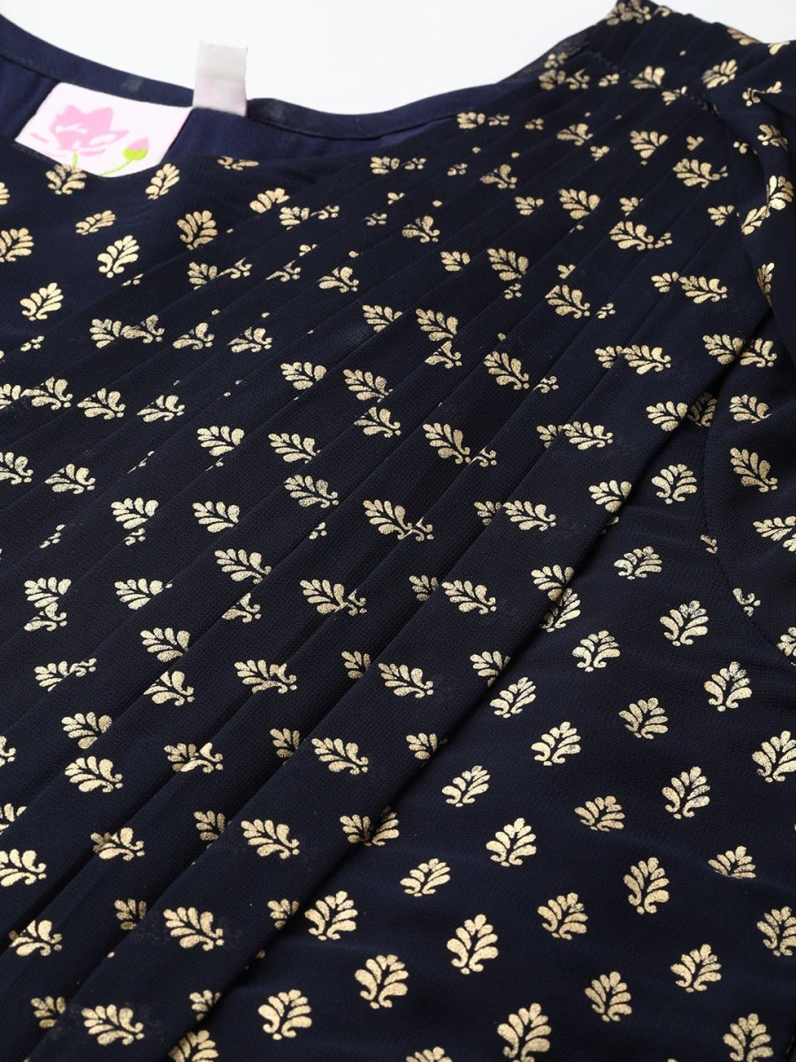 Ahalyaa Women Navy Blue & Golden Foil Printed Maxi Dress With Attached Dupatta