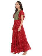 Ahalyaa Maroon & Golden Printed Fit and Flare Maxi Dress