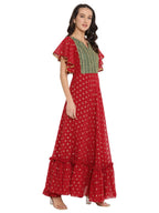 Ahalyaa Maroon & Golden Printed Fit and Flare Maxi Dress
