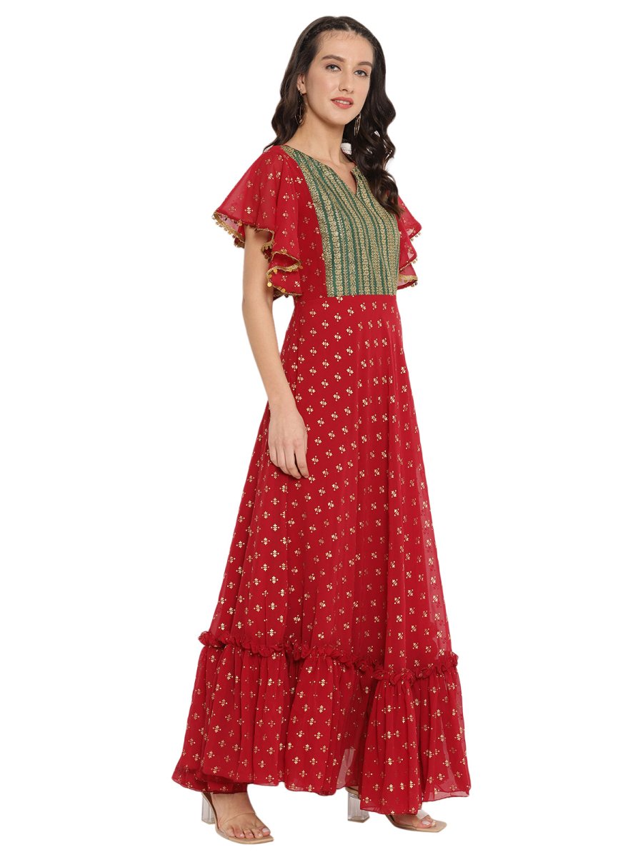 Ahalyaa Maroon & Golden Printed Fit and Flare Maxi Dress