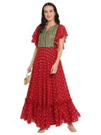 Ahalyaa Maroon & Golden Printed Fit and Flare Maxi Dress